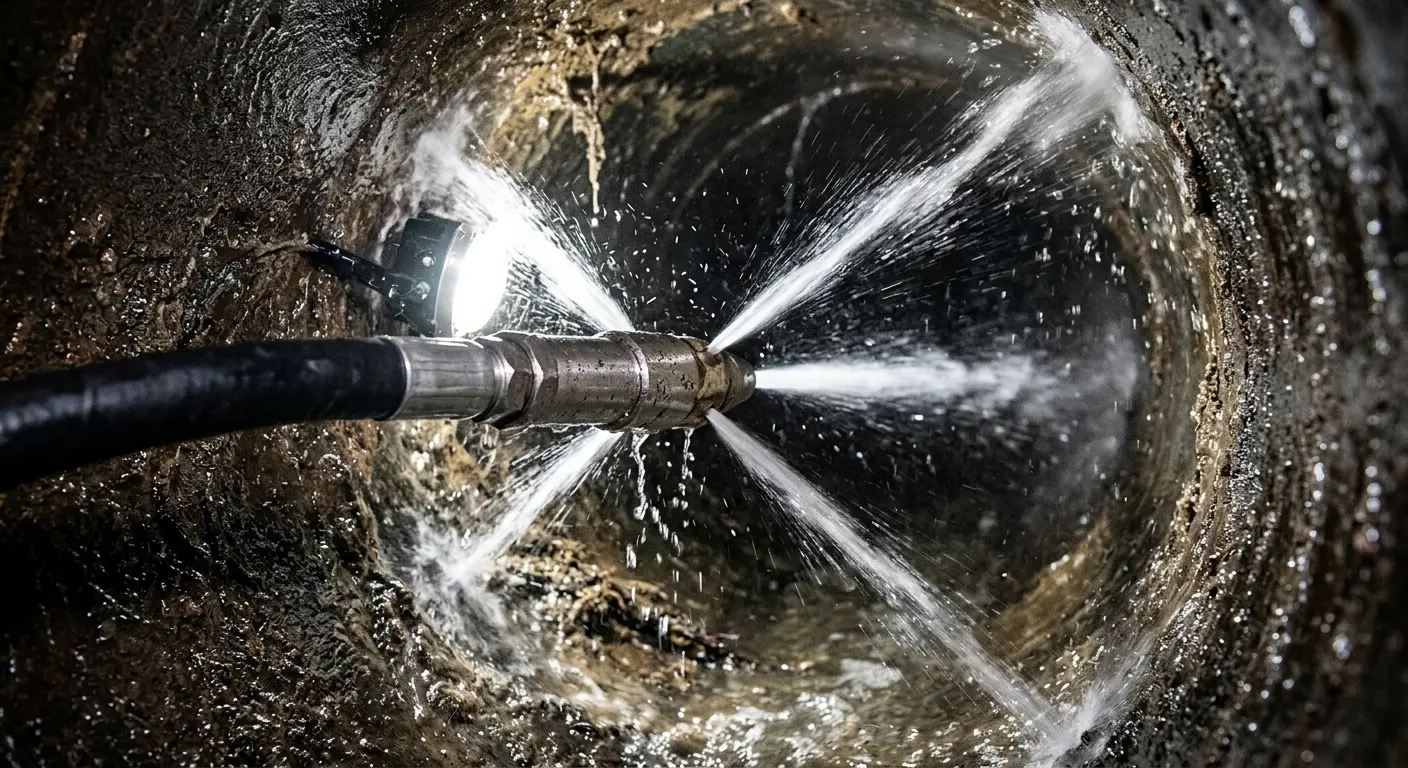 High-pressure hydro jetting nozzle cleaning sewer pipe for Emergency Drain Service in Pendleton